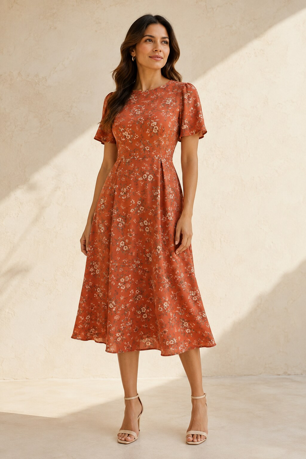 Mujer adulta luciendo un vestido midi terracota con estampado floral